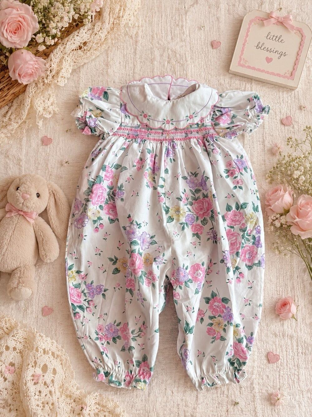 Vintage Floral Smocked Baby Romper Cottagecore Pink Rose Bubble Playsuit 6-9mo.